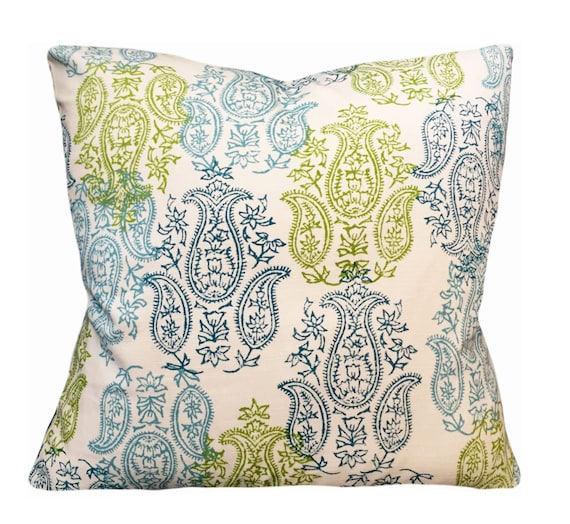 John Robshaw Yadi Aqua Green Pillow Cover: Cotton Linen Paisley
