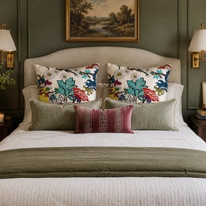 May include: A bed featuring a beige upholstered headboard, white bedding, and a sage green runner. The pillows include two large white cushions with colorful floral embroidery, two sage green lumbar pillows, and one small mauve velvet pillow.