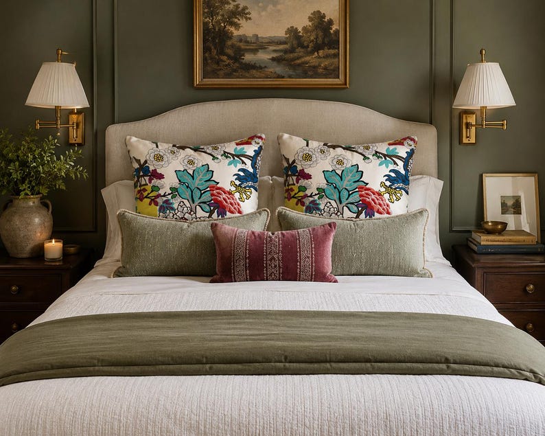 May include: A bed featuring a beige upholstered headboard, white bedding, and a sage green runner. The pillows include two large white cushions with colorful floral embroidery, two sage green lumbar pillows, and one small mauve velvet pillow.