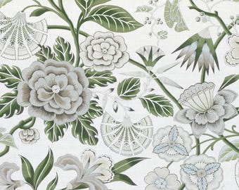 Anna French Cleo Fabric by the Yard, Thibaut Green Floral Linen Cotton Fabric, Designer Botanical Upholstery Fabric, 46 x 54 Piece