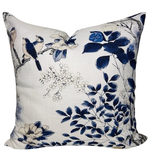Thibaut Katsura Blue Floral Pillow Cover - Birds Throw Pillow Botanical Throw Cover - Ivory Linen Backing - All Sizes Available