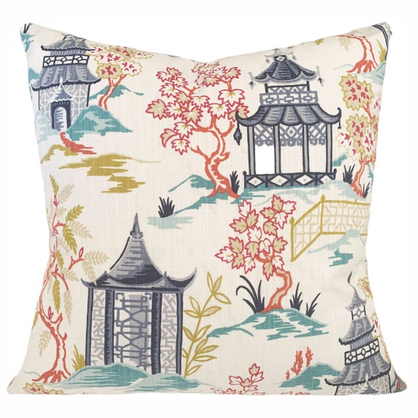 Chinoiserie Pillow Cover - Asian Pagoda Pillow Cover - Throw Pillow - Both Sides -All Sizes Available