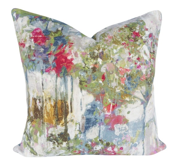French Botanical Pillow Cover: Linen Cotton Blend, Pastel Floral Throw Pillow