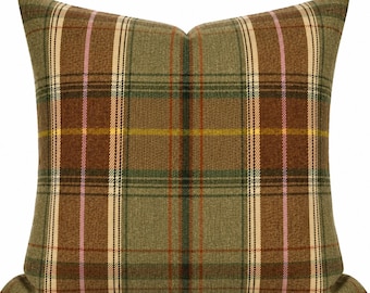 Lee Jofa Shetland Plaid Pillow Cover, Quartz Wool, Camel Velvet, Designer Rustic Decor