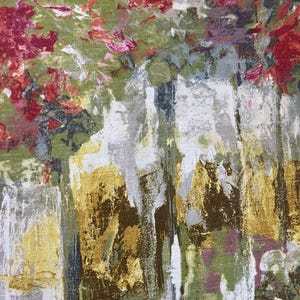 May include: Abstract floral pattern fabric with shades of red, pink, green, yellow, and brown. The fabric has a textured, linen-like appearance.