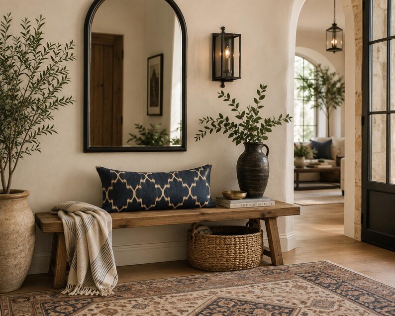 May include: A rectangular navy blue lumbar cushion with a cream-coloured geometric lattice pattern sits on a rustic wooden bench. The bench is positioned in an entryway featuring a large arched mirror, a dark vase with greenery, and a woven basket.