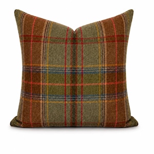 Funda de almohada Lee Jofa Shetland Plaid / Cojín decorativo de lujo de lana a cuadros / Reverso de terciopelo color camel / Decoración estilo casa de campo inglesa / Cojín de diseño