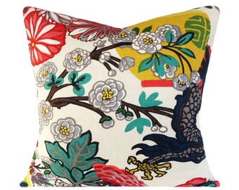SALE Schumacher Chiang Mai Dragon VASE and FLOWERS Throw Pillow Cover - Decorative Pillow - Solid Cream Linen Back- 18x18, 20x20, 22x22