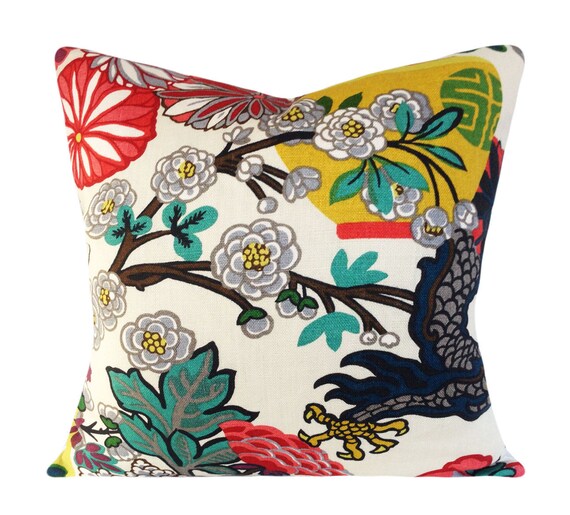 Schumacher Chiang Mai Dragon Pillow Cover: Vase and Flowers Linen