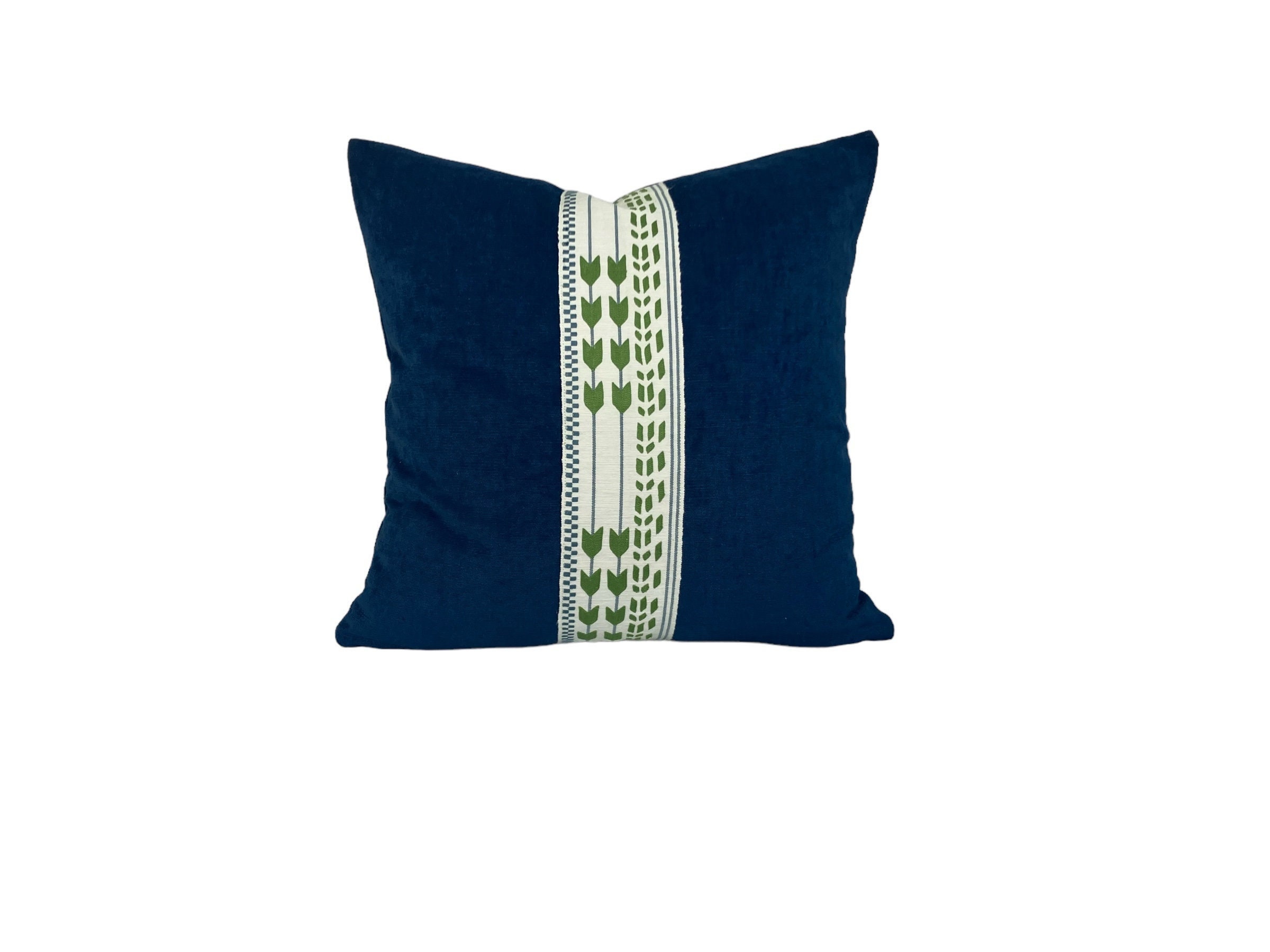 Blue Pillow Cover Chenille with Christopher Farr Tape Green Ivory Arrow Tape - All Sizes Available