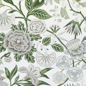 Anna French Floral Linen Fabric: Thibaut Cleo Green & White (46&quot; x 54&quot; Piece)