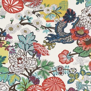 May include: A fabric pattern featuring a dense arrangement of colorful chrysanthemums, peonies, and other blossoms in shades of red, white, blue, and green. Interspersed among the flowers are yellow lanterns and a stylized blue dragon figure.