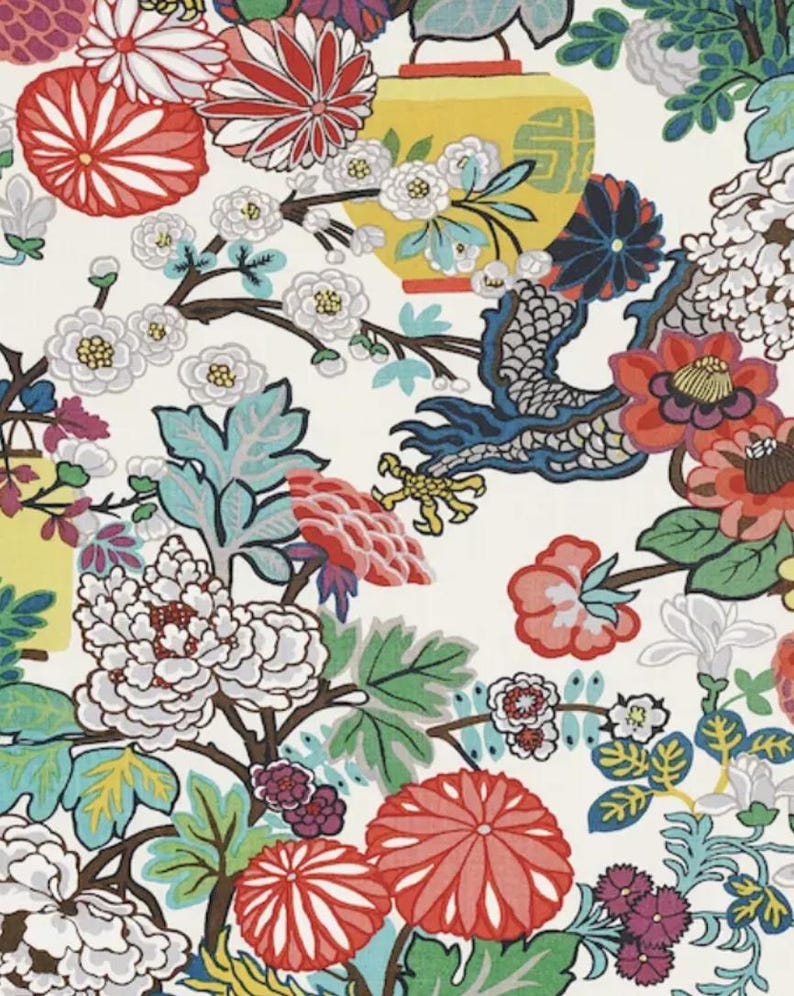 May include: A fabric pattern featuring a dense arrangement of colorful chrysanthemums, peonies, and other blossoms in shades of red, white, blue, and green. Interspersed among the flowers are yellow lanterns and a stylized blue dragon figure.