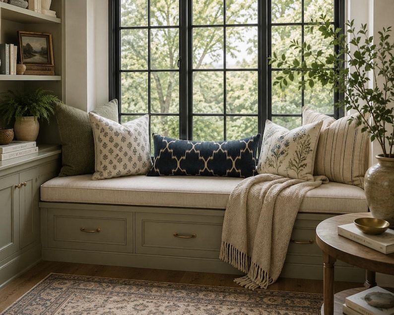 May include: A built-in window seat with sage green drawers and a beige cushion, featuring a collection of decorative pillows in olive green, cream with floral patterns, and a central navy blue lumbar pillow with a white geometric lattice design.