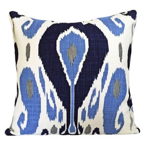 John Robshaw Blue Ikat Pillow Cover Fazil in Blue Toss Pillow with Solid White Linen Back - All Sizes Available