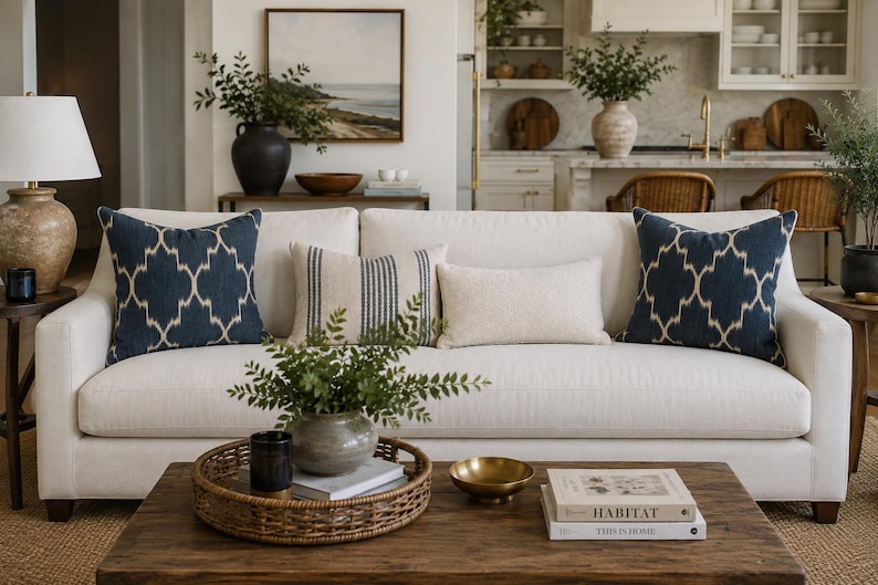 May include: A cream-coloured sofa featuring two navy blue patterned throw pillows, one striped lumbar pillow, and one solid cream lumbar pillow. The sofa is positioned behind a wooden coffee table holding a round woven tray with a plant.