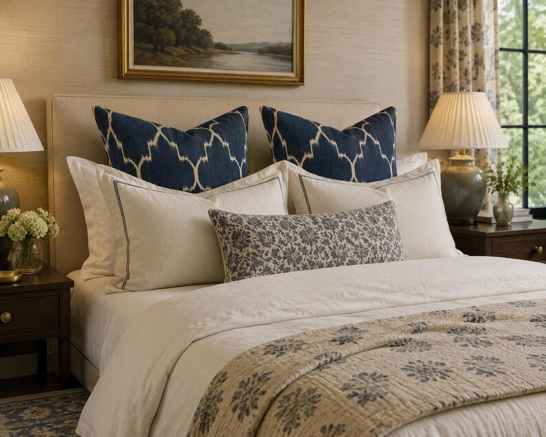 May include: A bed featuring a cream-coloured headboard, two large navy blue pillows with a white geometric pattern, two cream pillows with thin dark borders, a long rectangular pillow with a blue floral print, and a cream quilt with blue floral motifs.