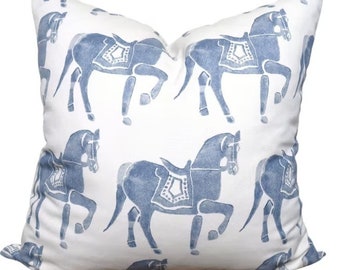 Schumacher Marwari Horse Pillow Cover - Designer Molly Mahon Navy Horse Cotton Pillow - Solid White Linen Backing - All Sizes Available