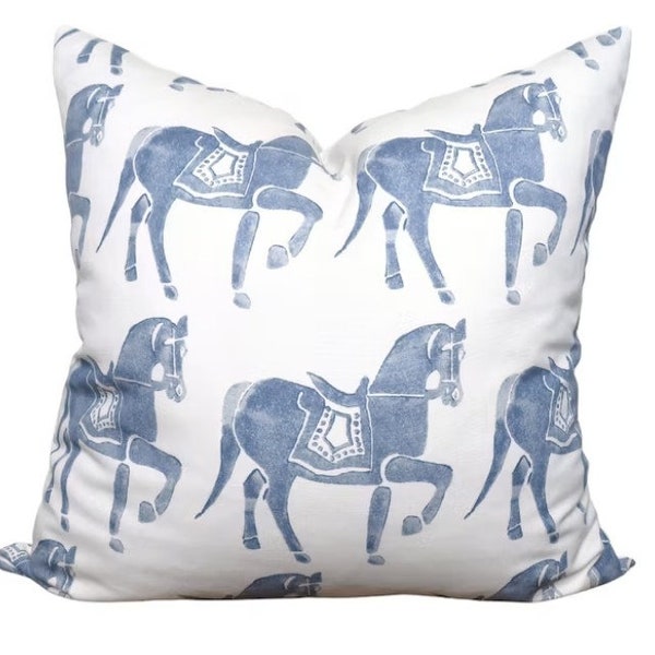 Schumacher Marwari Horse Pillow Cover - Designer Molly Mahon Navy Horse Cotton Pillow - Solid White Linen Backing - All Sizes Available