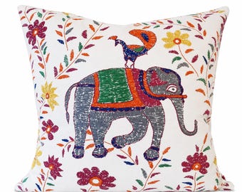 John Robshaw Mahout Multi Pillow Cover, Horse or Elephant Pillow, Colorful Animal Print, Cotton Linen Designer Throw Pillow
