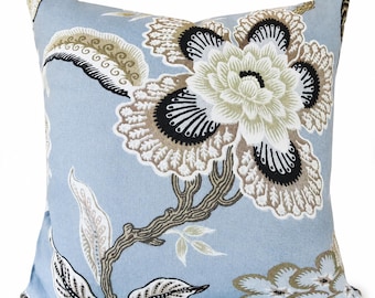 Schumacher Hothouse Flowers Mineral Pillow Cover, Celerie Kemble Blue Floral Linen