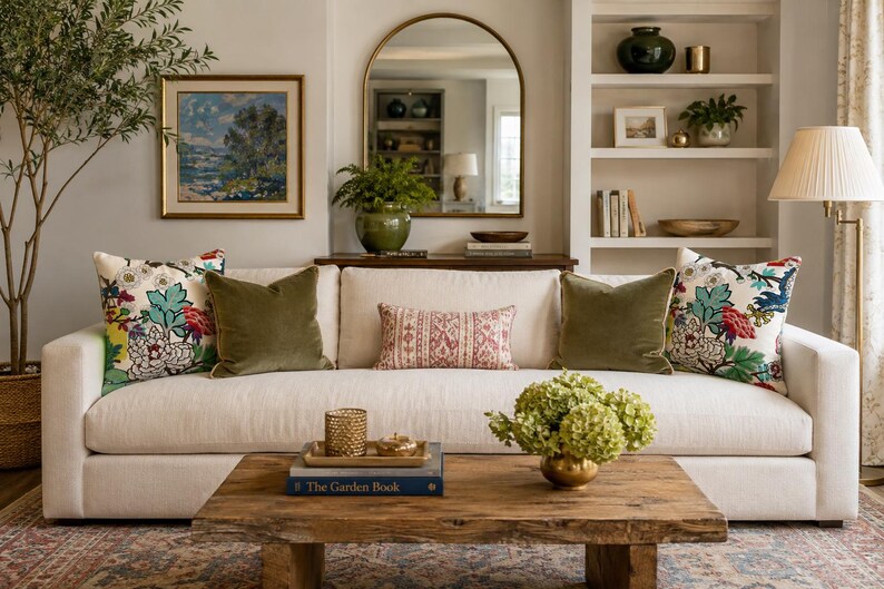 May include: A cream-colored sofa featuring two floral patterned throw pillows, two solid olive green velvet pillows, and one rectangular patterned lumbar pillow. A rustic wooden coffee table sits in front with a book titled The Garden Book.