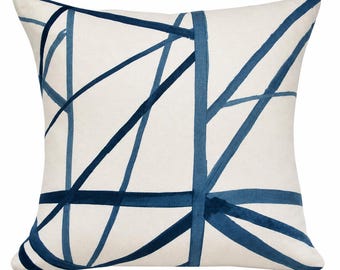 Kelly Wearstler Channels Pillow Cover, Blue Geometric Linen Pillow, Periwinkle Cream Designer Throw Pillow, Modern Abstract Decor