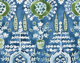 May include: A fabric design in watercolour style, featuring a pattern of blue, green, and white. The design includes stylized floral and botanical elements, such as vase-like shapes, tree-like forms, and floral clusters. The overall design has a textured, hand-painted appearance.