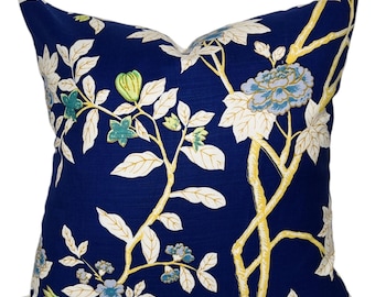 Funda de almohada Quadrille Happy Garden Floral – Cojín decorativo de lino azul