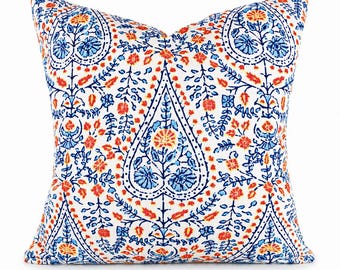 John Robshaw Busun Blue Pillow Cover, Blue Orange Floral Paisley Pillow, Block Print Cotton, Ivory Linen Back