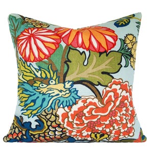 Schumacher Chiang Mai Dragon Aquamarine Decorative Pillow Cover - Throw Pillow - Both Sides or Solid Cream Linen Back - ALL SIZES AVAILABLE
