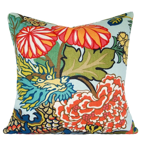 Schumacher Chiang Mai Dragon Aquamarine Decorative Pillow Cover - Throw Pillow - Both Sides or Solid Cream Linen Back - ALL SIZES AVAILABLE