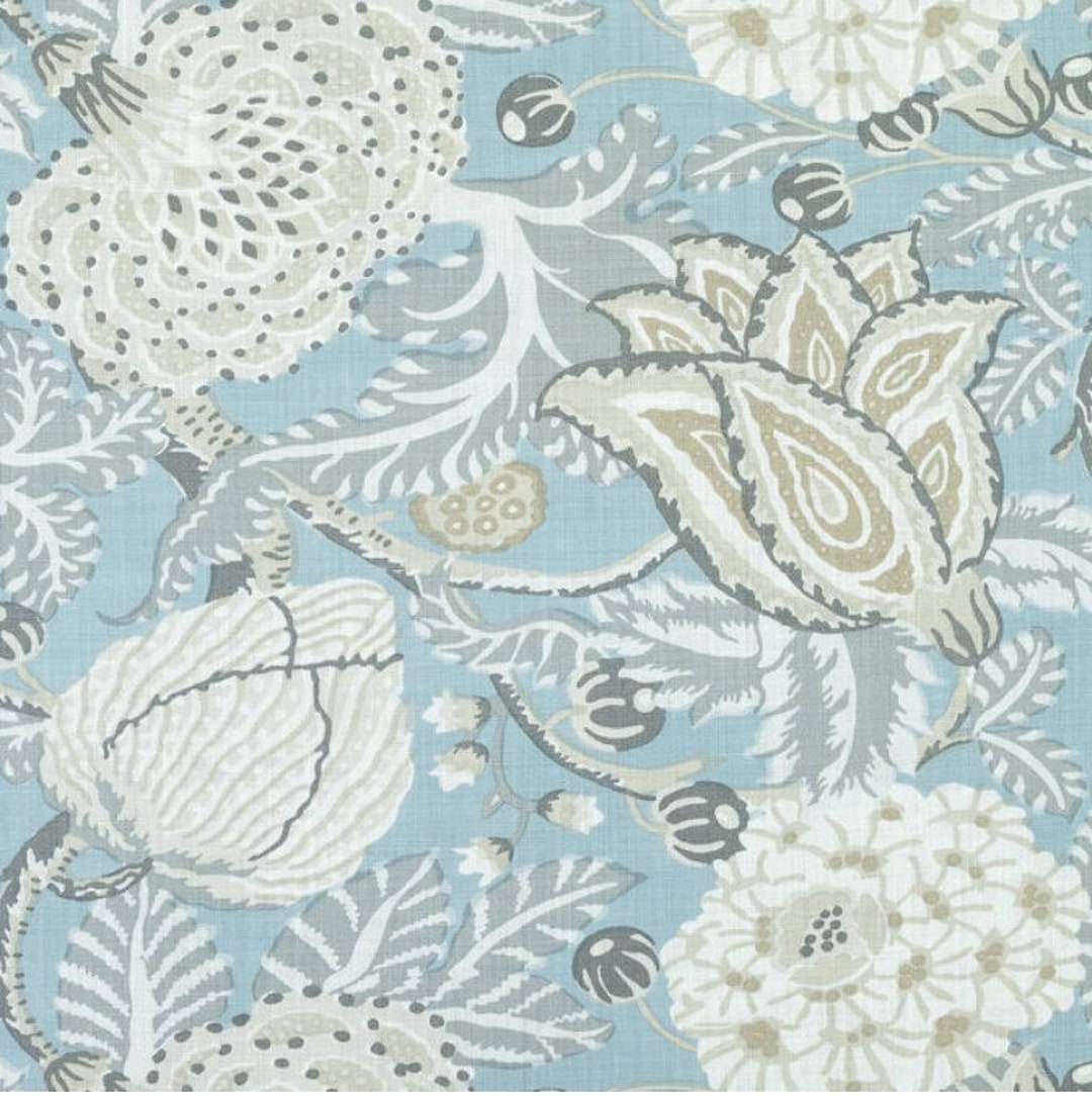 Thibaut Fabric Mitford Aqua Linen Floral Designer Fabric High End