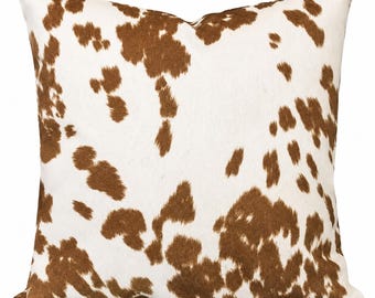 Faux Cowhide Pillow Cover, Brown & Tan Cow Print Throw Pillow, Western Ranch Decor, Animal Print Cushion, Rustic Farmhouse Pillow