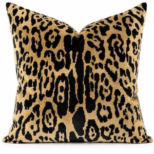 Scalamandré Le Tigre Silk Velvet Pillow Cover | Luxury Leopard Print Throw Pillow | Designer Animal Print Accent Cushion | Gold Brown Velvet