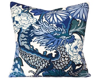 Schumacher Chiang Mai Dragon Pillow Cover: Blue Linen Throw Pillow
