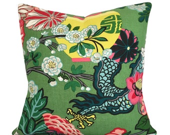 SALE Schumacher Chiang Mai Dragon VASE and FLOWERS Jade Throw Pillow Cover - Toss Pillow - Solid Cream Linen Back - 18x18, 20x20, 22x22