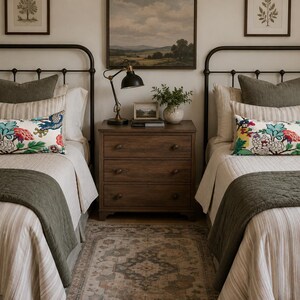 May include: Two twin beds with dark metal frames, beige striped bedding, olive green quilted runners, and olive green throw pillows. Each bed features a long lumbar pillow with a colorful floral and bird pattern on a white background.