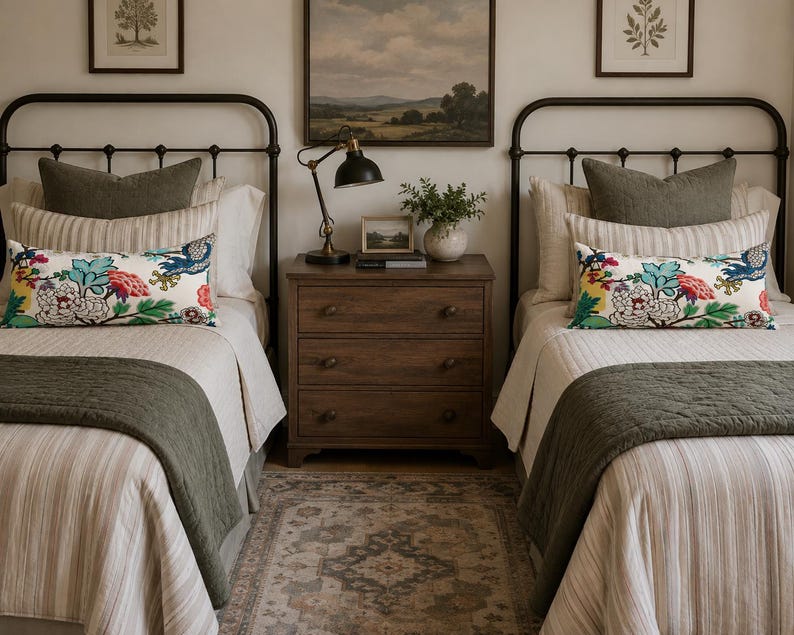 May include: Two twin beds with dark metal frames, beige striped bedding, olive green quilted runners, and olive green throw pillows. Each bed features a long lumbar pillow with a colorful floral and bird pattern on a white background.