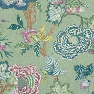 May include: A fabric with a repeating floral pattern in shades of blue, pink, green, and yellow on a light green background. The design features stylized flowers, leaves, and branches, creating a botanical theme.