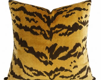 Scalamandré Le Tigre Silk Velvet Pillow Cover | Luxury Tiger Print Designer Accent Pillow | Brown Velvet Back | Animal Print Throw Pillow