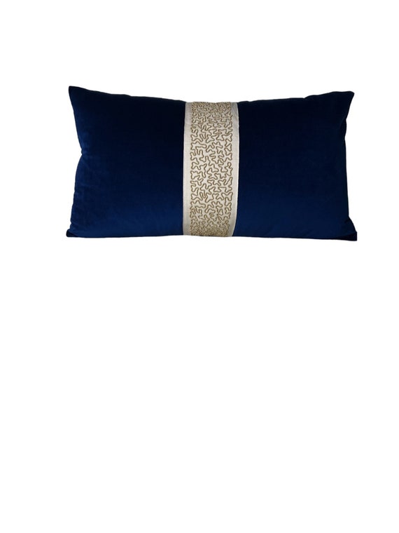 Blue Velvet Lumbar Pillow Cover With Schumacher Beaded Gold Tape Lumbar Navy Velvet Toss Pillow Etsy