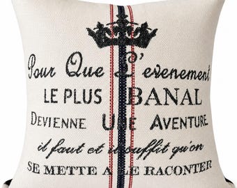 Funda de cojín con escritura francesa / Cojín decorativo con tipografía francesa vintage / Cojín de estilo rústico / Decoración parisina / Aspecto de lino neutro