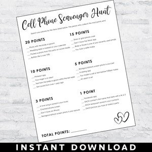 Bridal Shower Cell Phone Scavenger Hunt Game | Instant Download | Printable Digital File