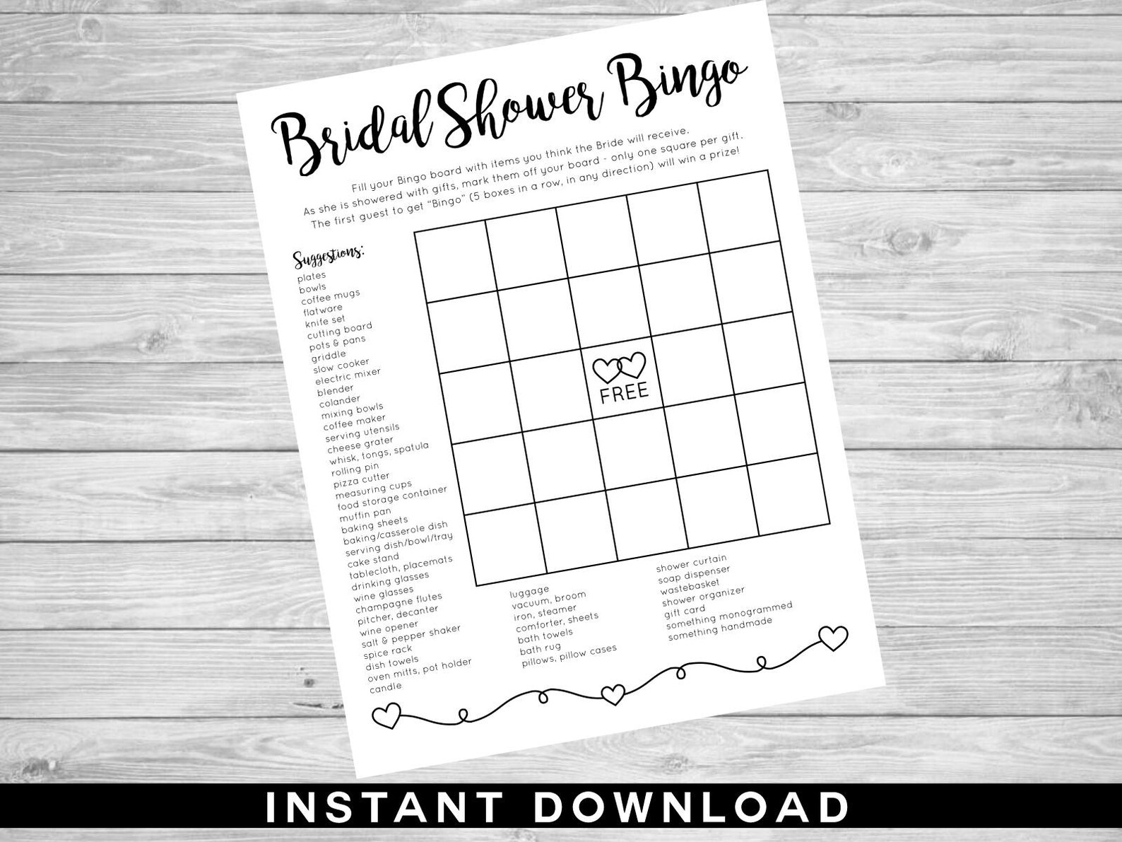Bridal Shower Gift Bingo Game Instant Download Printable Digital File