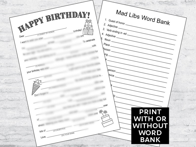 Birthday Party Mad Libs | Instant Digital Download | Printable File - Etsy