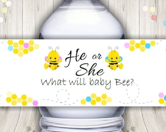 PDF* Baby Reveal Water Bottle Label. Baby Bee Decor. What will baby bee Gender Reveal. Gender Reveal. He or She. Boy or Girl. Bee Reveal