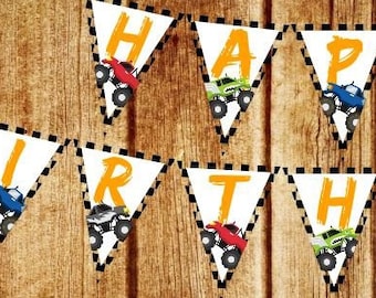 May include: A printable monster truck birthday banner with white triangular flags with black checkered borders. The flags have the words "Happy Birthday!" in orange letters with a monster truck graphic on each flag.