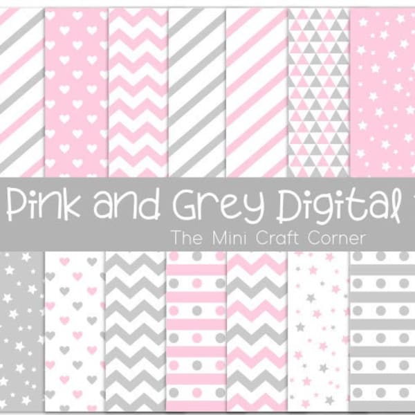 Pink and Grey Digital Paper / Pink Digital Paper / Grey Digital Paper / Baby Shower / Pink and Grey Nursery / Digital Paper / Paper Pack