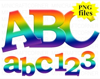 May include: Rainbow colored letters A, B, C, a, b, c, 1, 2, and 3. The letters are in a bold, 3D style. PNG files.